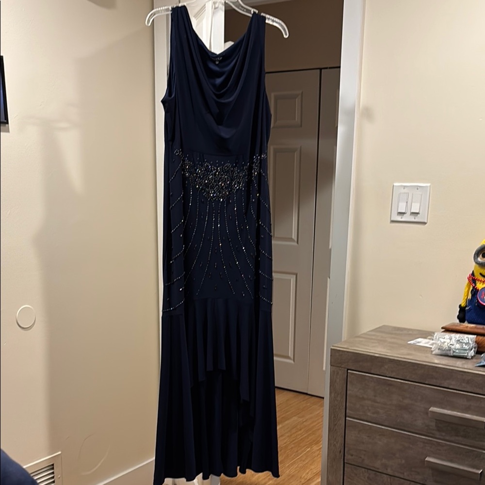Onyx Blue Sleeveless Cowl Neck High Low Gown